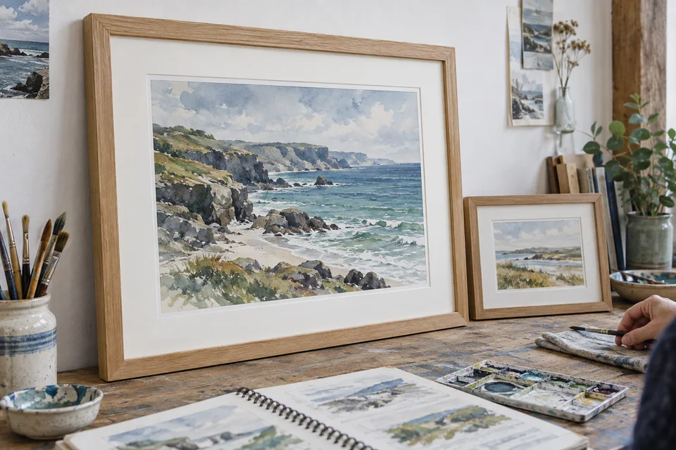 A framed coastal watercolour beside paints and brushes on an artist’s worktable.