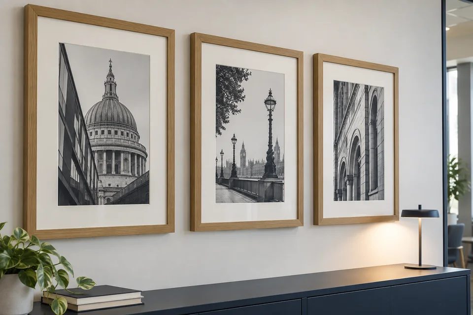 Coordinated oak picture frames with mounted architectural photographs in an office reception.