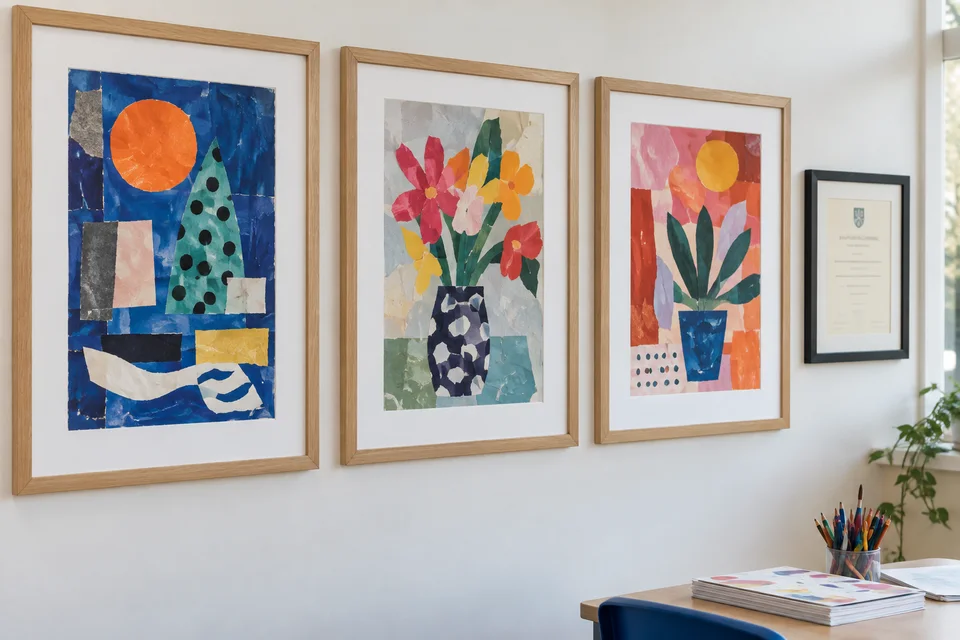 Colourful student artwork and a certificate displayed in frames with white mounts.