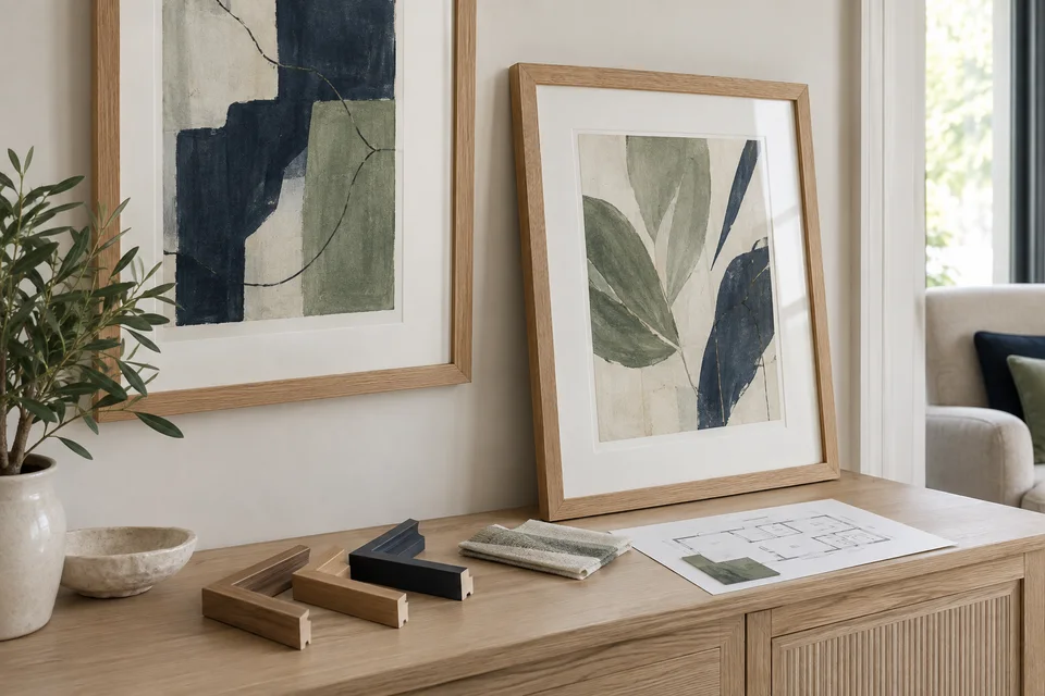 Framed abstract artwork with moulding samples and fabric swatches for an interior scheme.
