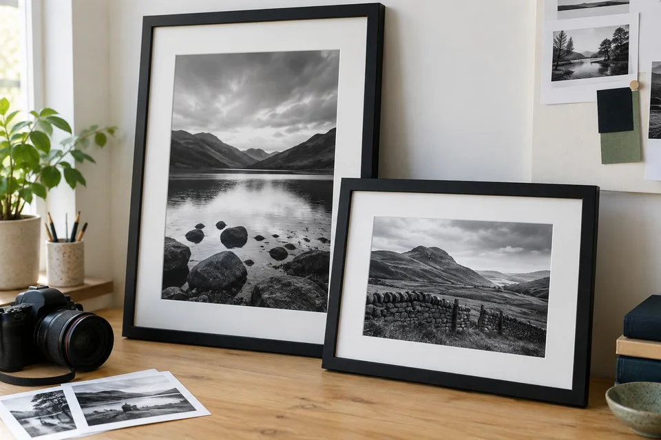 Finished black picture frames with mounted landscape photographs in a photography studio.