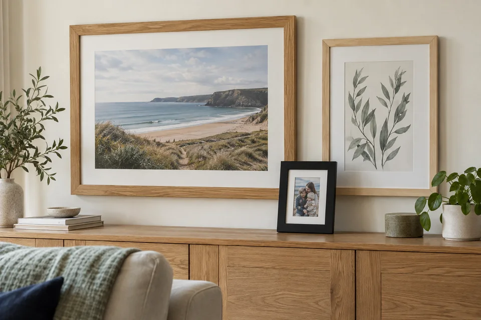 A collection of framed family, coastal and botanical pictures in a light living room.