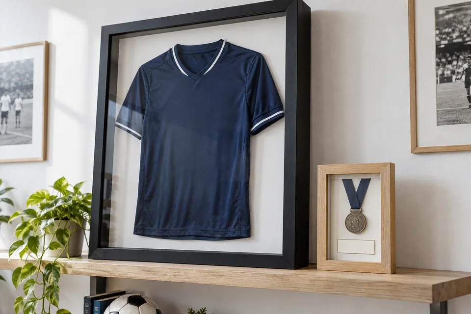 A navy football shirt and a medal displayed in deep memorabilia frames.