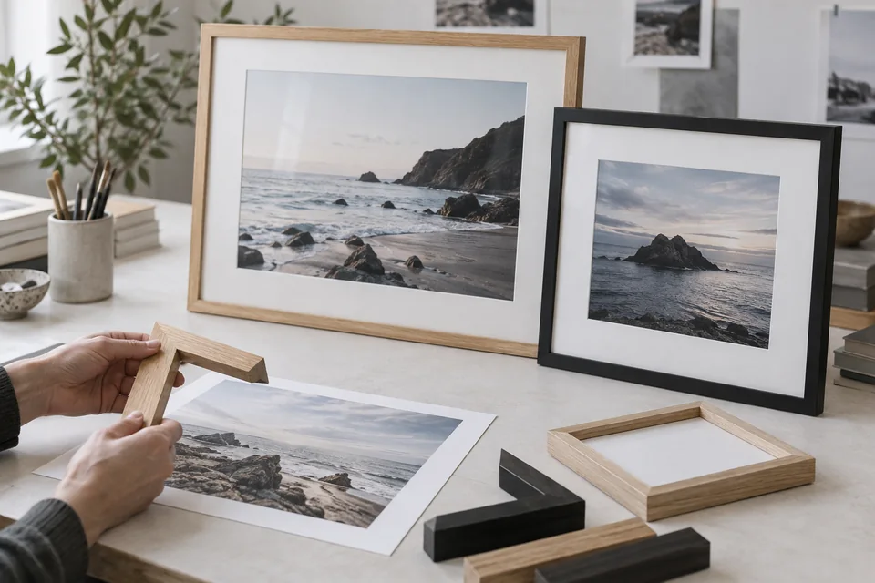 Choosing an oak frame finish alongside mounted photographs and frame samples in a creative studio.