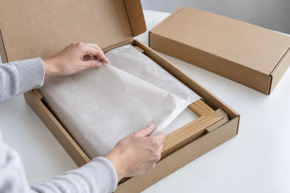 An oak picture frame being wrapped in protective paper inside a plain cardboard box.
