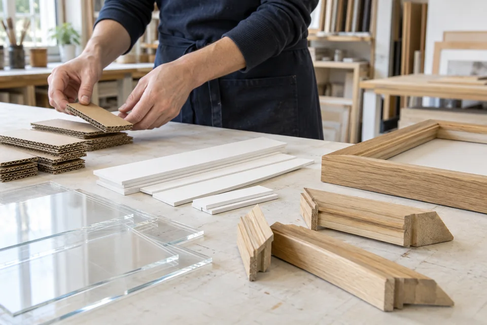 Separate stacks of cardboard, mount board, acrylic and wooden picture-frame offcuts on a workbench