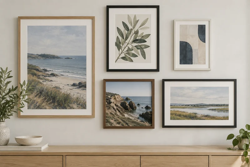 A gallery wall of oak, black, white and walnut frames around coastal and botanical artwork