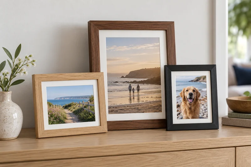 Three wooden photo frames displaying a beach holiday, a coastal path and a dog