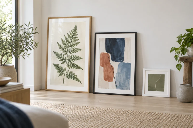 Large oak and black picture frames with botanical and abstract prints beside a small square frame