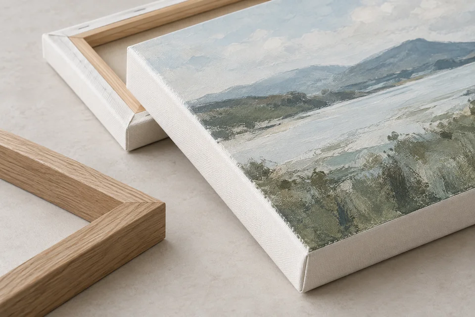 Stretched canvas showing the depth of its wrapped edge and wooden stretcher bars.