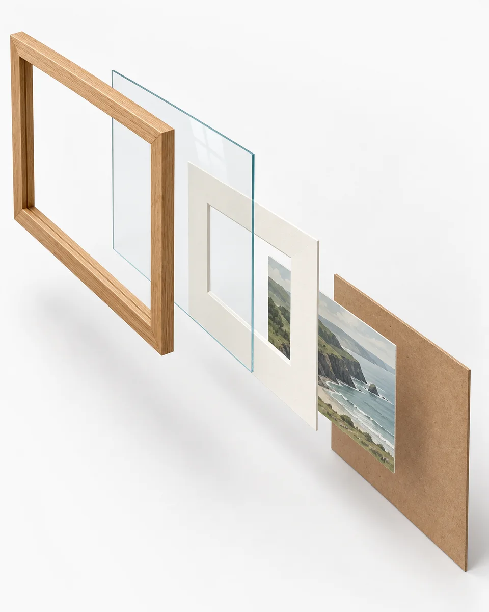 Exploded view of a mounted picture frame, showing the oak moulding, transparent glazing, window mount, smaller artwork sheet and solid backing board in front-to-back order.
