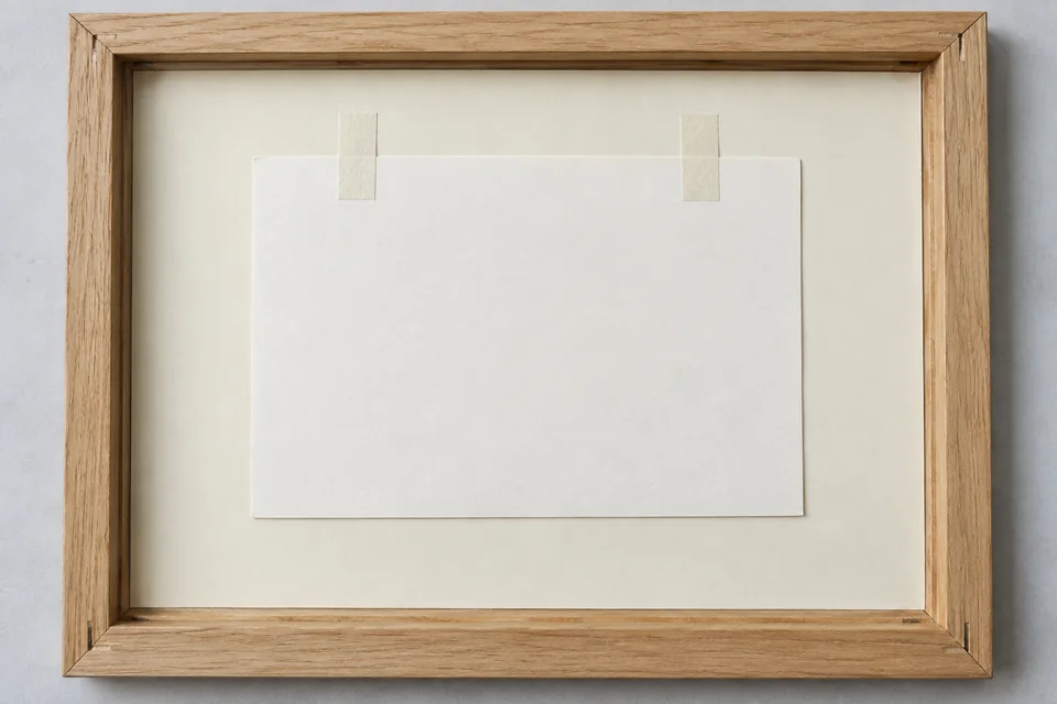 Rear of an open frame: the blank back of the artwork covers the mount opening, with two tape hinges securing its top edge to the back of the mount.