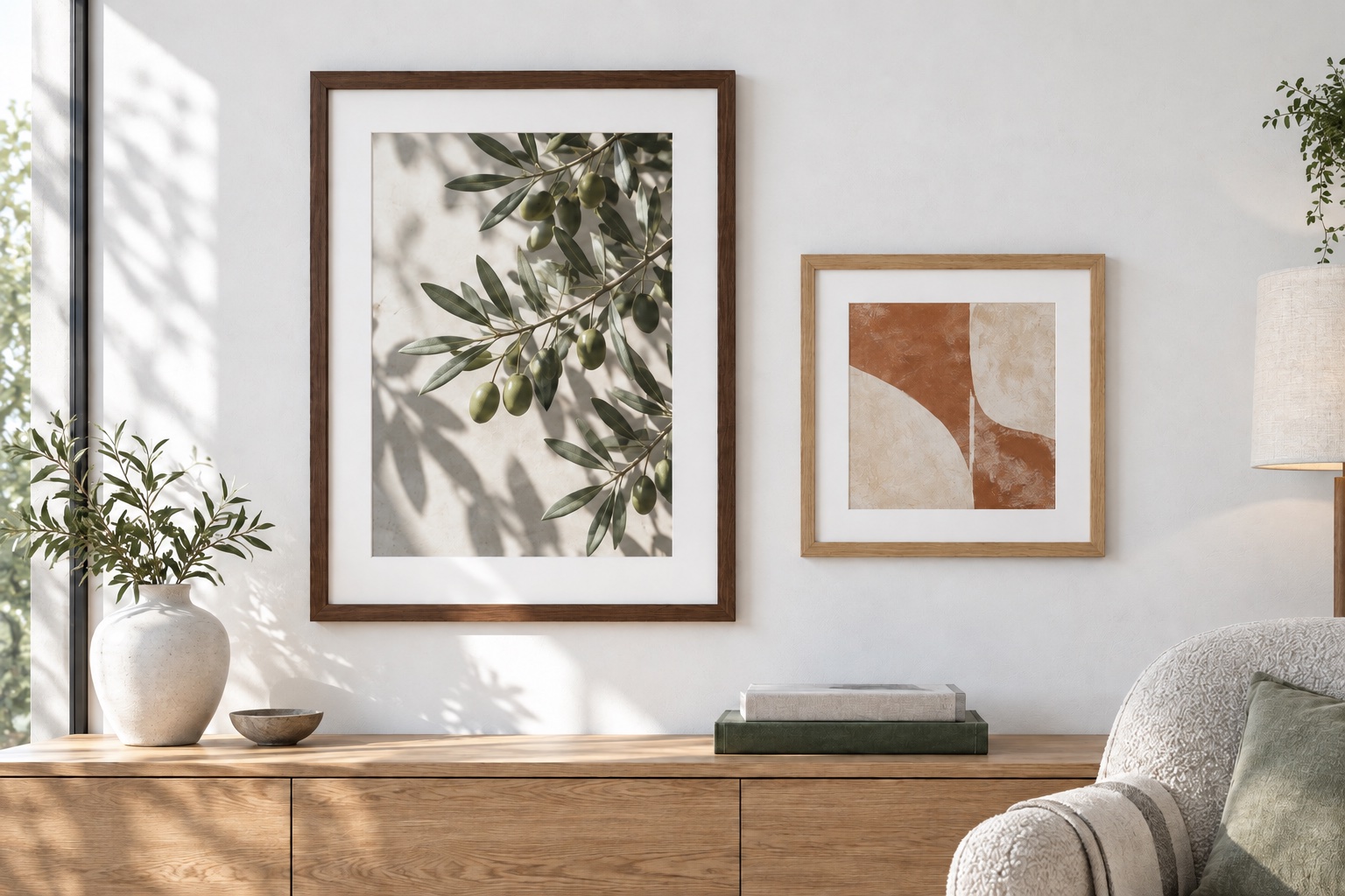 Wooden picture frames displaying botanical and abstract prints in a light living room