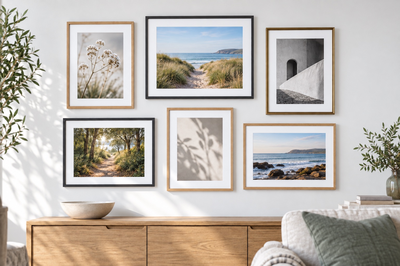 A gallery wall of six wooden picture frames displaying coastal, botanical and architectural prints