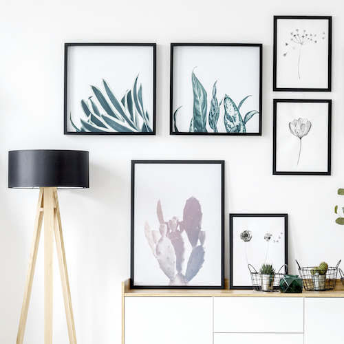 A gallery wall of picture frames in different sizes