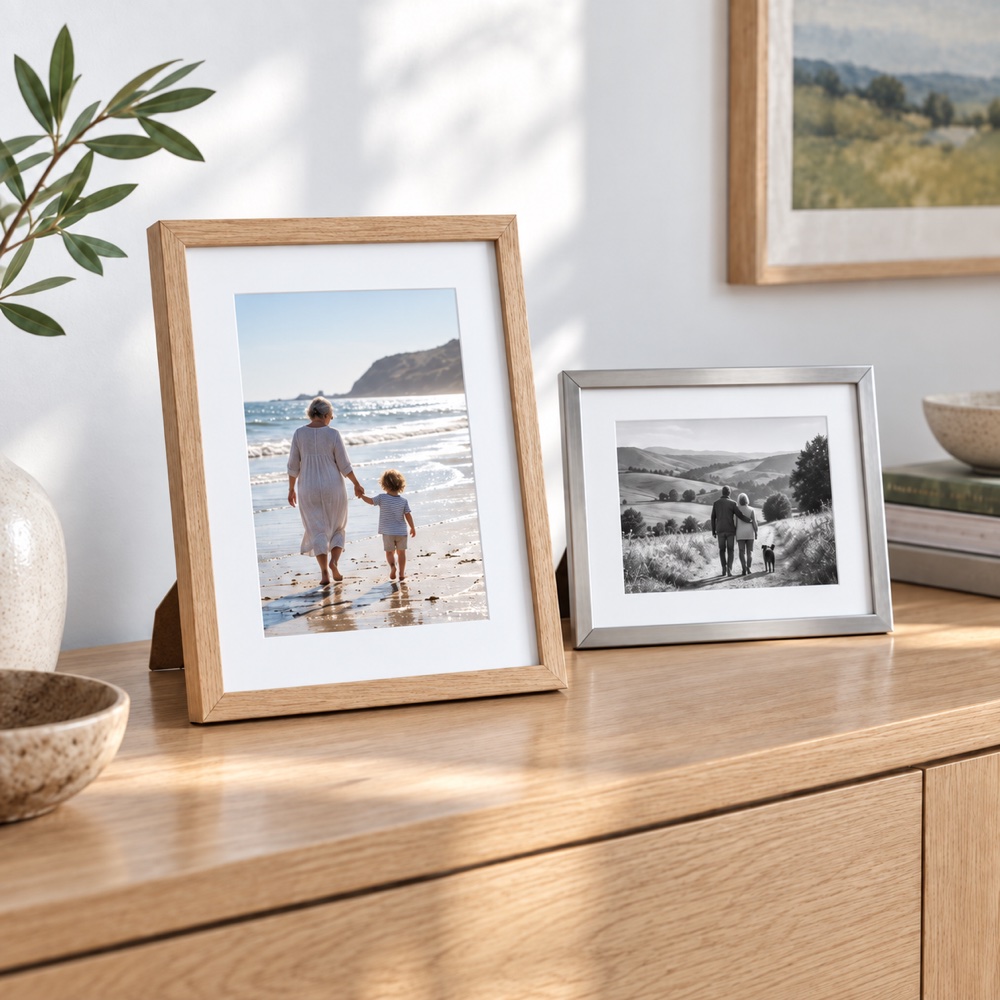 Family photographs in wooden tabletop frames
