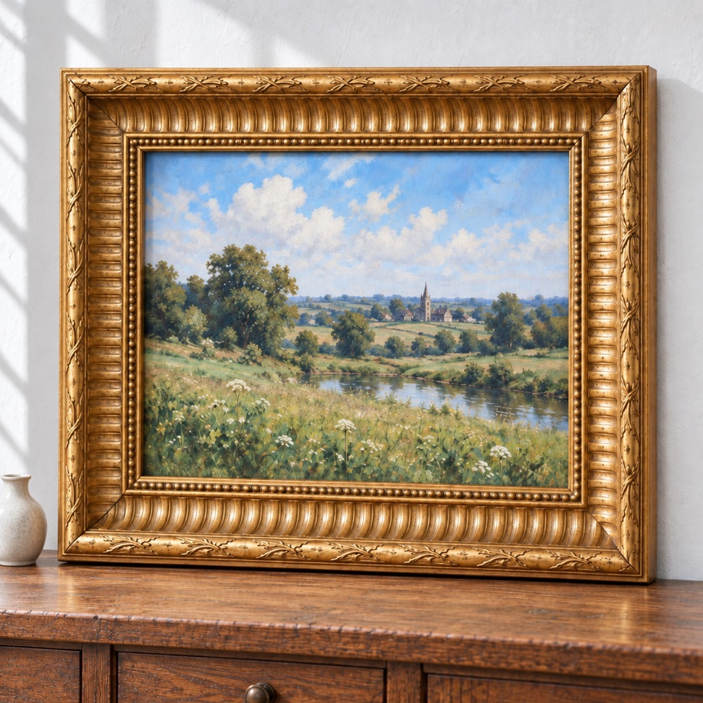 An ornate gold frame displaying a landscape painting