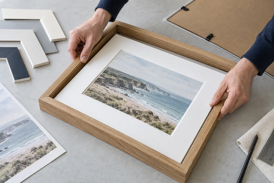 Illustration of hands fitting a white picture mount into a natural oak frame.