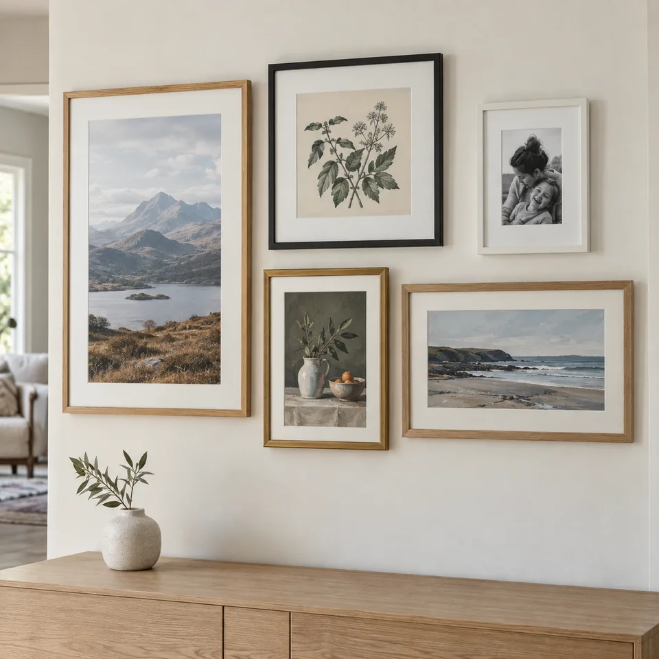 A gallery wall mixing portrait and panoramic pictures in natural wood, black, white and gold frames