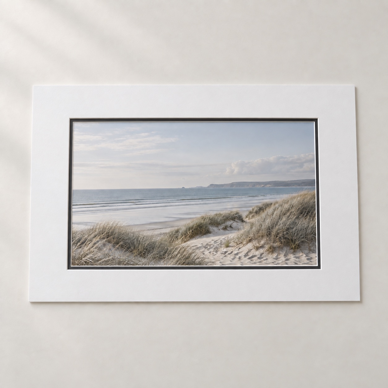 The same coastal photograph with a warm-white top mount and a fine charcoal inner border