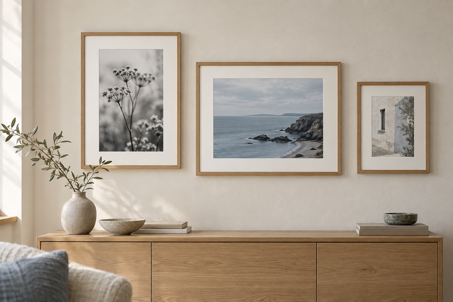 Three photographs with generous white mounts in oak frames above a sideboard