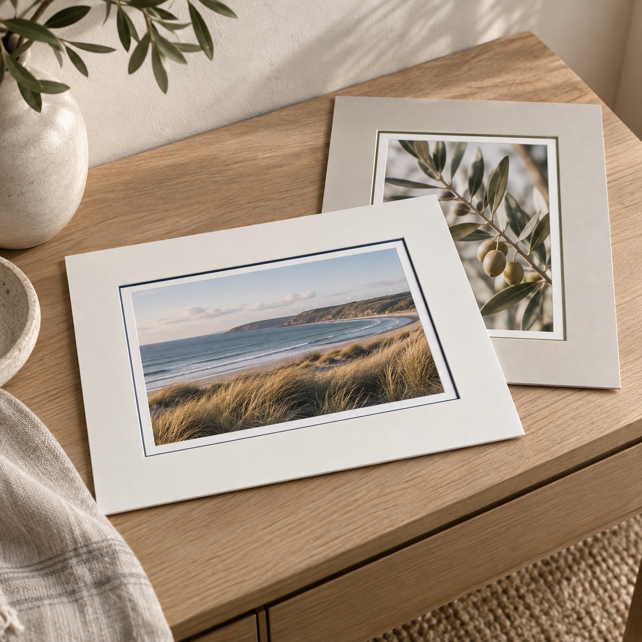 Coastal and botanical photographs in white and stone double mounts, styled on a sunlit oak console