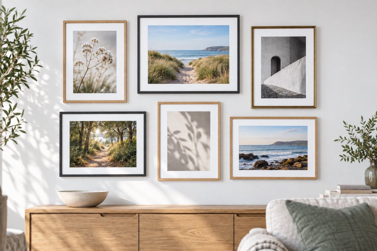 A gallery wall of six picture frames in natural wood, black and gold finishes