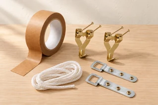 Picture hooks, hanging cord, brackets and brown sealing tape